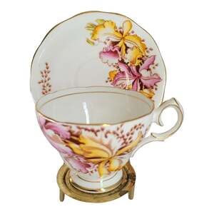 Vintage Queen Ann Teacup Saucer Orchids Pink Yellow Bone China Cottagecore